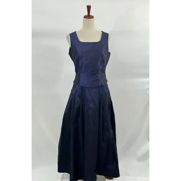 OLEANA Sz S Small 2pc Tank Top Midi Skirt Silk Taffeta Irridescent Blue Purple